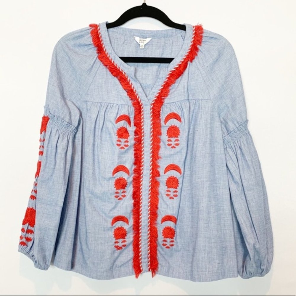 Crown & Ivy Chambray Peasant Top w/ Red Embroidery